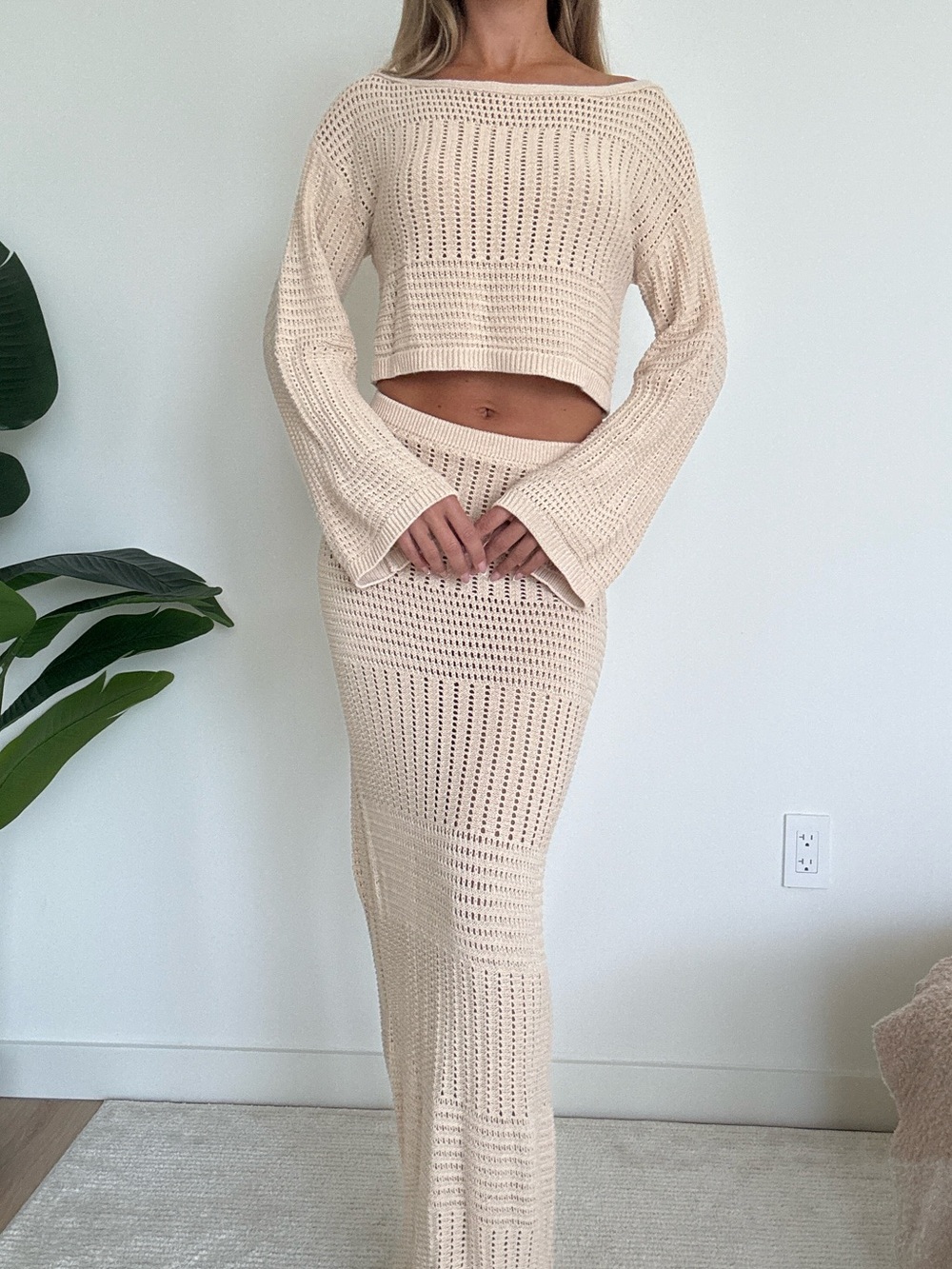 Lovers + Friends Cream Crochet Knit Maxi Skirt and Sweater Set
